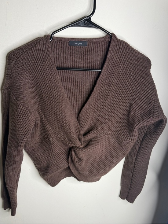 Pink Queen Sweaters - Pink Queen Brown V-Neck Twist-Front Sweater